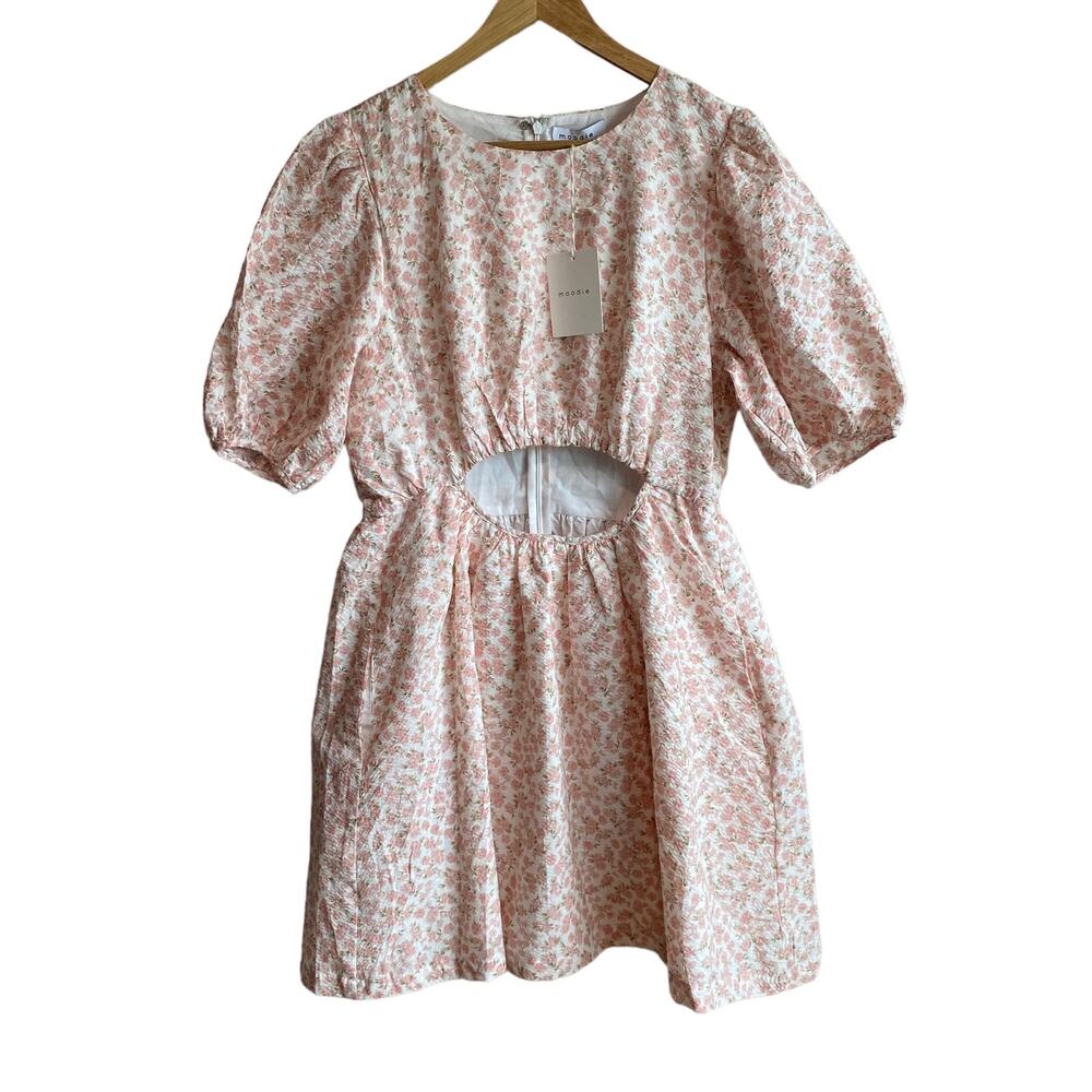 Moodie Floral Cut Out Puff Sleeve Mini Dress L NEW